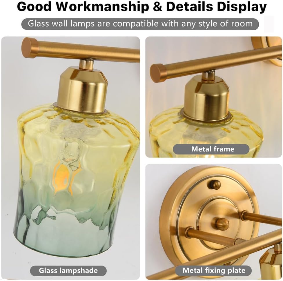 Modern 3-Light Glass Bathroom Light Over Mirror, Gold Vanity Light with Yellow Green Gradient Glass Shade, E26 Bathroom Vanity Light, for Kitchen, Hallway, Cabinet, Bedroom, Living Room