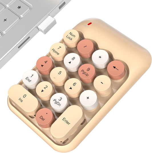 MOWUX Wireless Number Pads, Cute Colorful Numeric Keypad Numpad Portable 2.4 GHz Financial Accounting Number Keyboard Extensions, 18 Key Number Numpad for Laptop Desktop, PC (Cream)