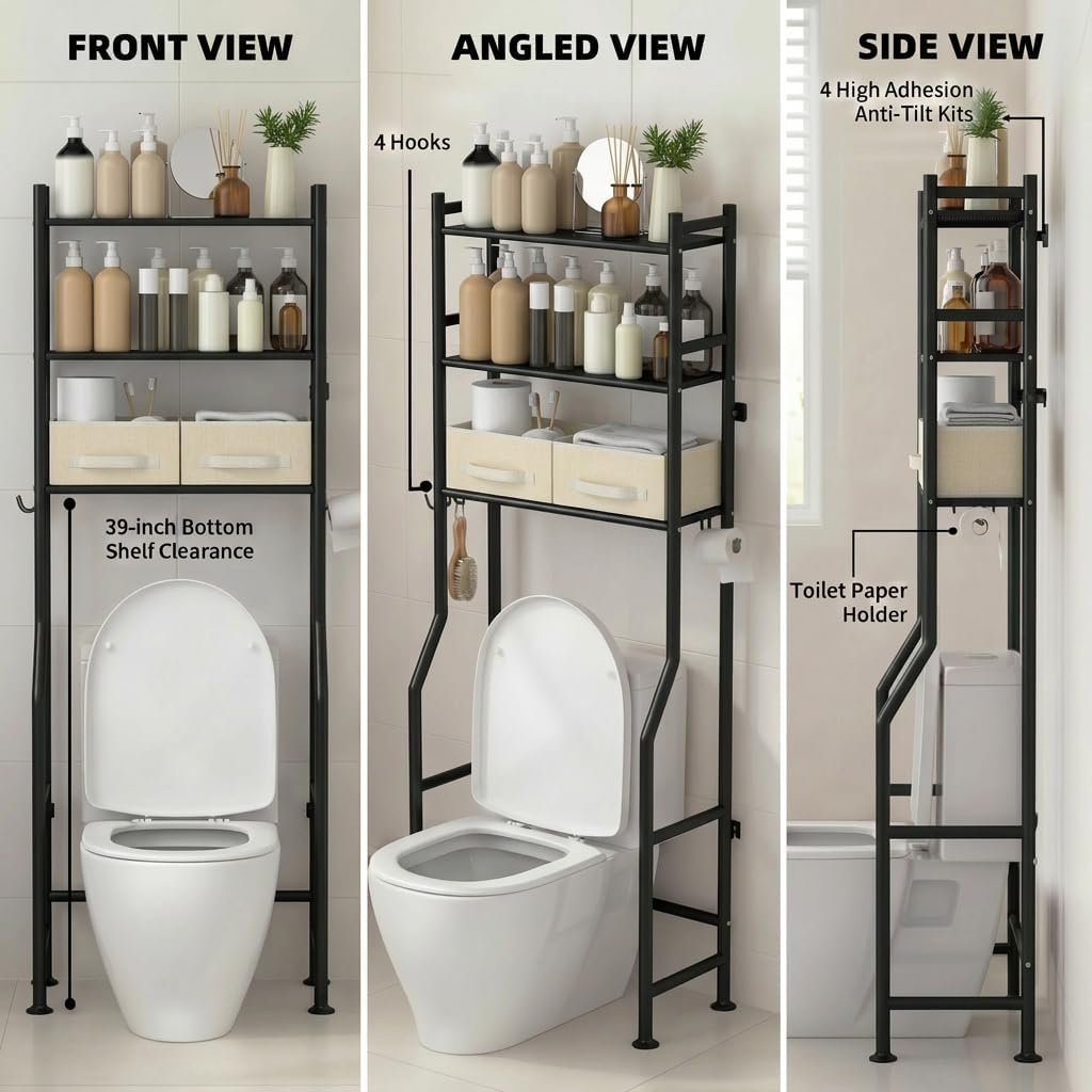 GloTika 3-Tier Over Toilet Storage with 2 Basket & Anti-Tilt System - 150lb Total Capacity Metal Bathroom Shelves Including Paper Holder & 4 Hooks, Space Saving Above Commode Organizer (64" H, Black)