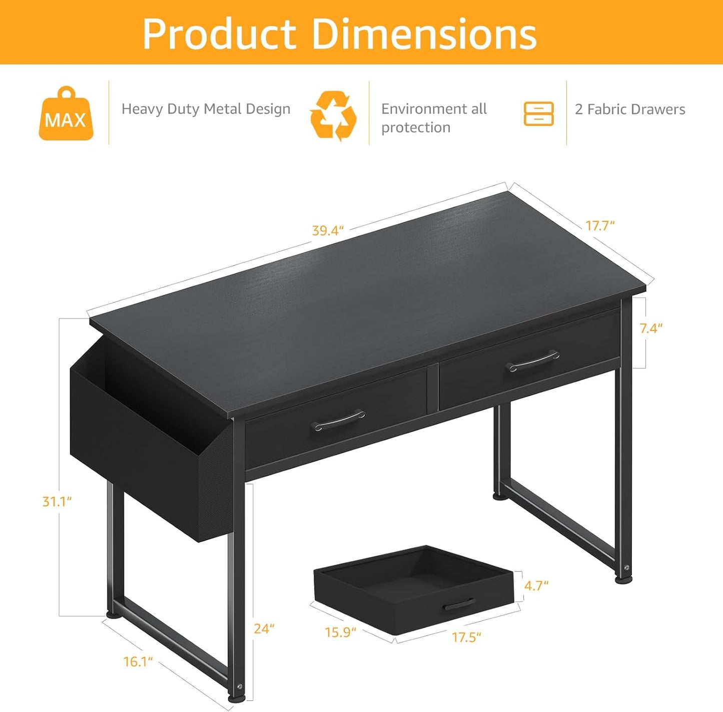 DLisiting Computer Desk with Fabric Drawers for Home Office Bedroom, 40 Inch Small Gaming Desk with 2 Drawers, Study Writing Table PC Desks, Black