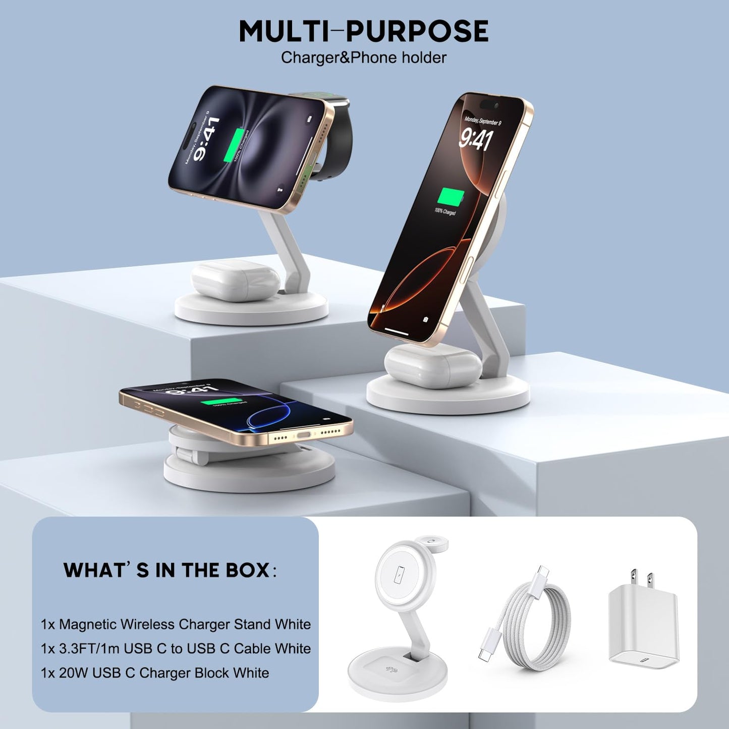 Charging Station for Apple Magnetic Wireless iPhone Mag-Safe Charger,15W 3in1 Foldable Wireless Dock Fast MagSafe Charger Stand for iPhone 17 Pro Max/16 Plus/16 ProMax/15/14/13,Apple Watch,AirPods Pro