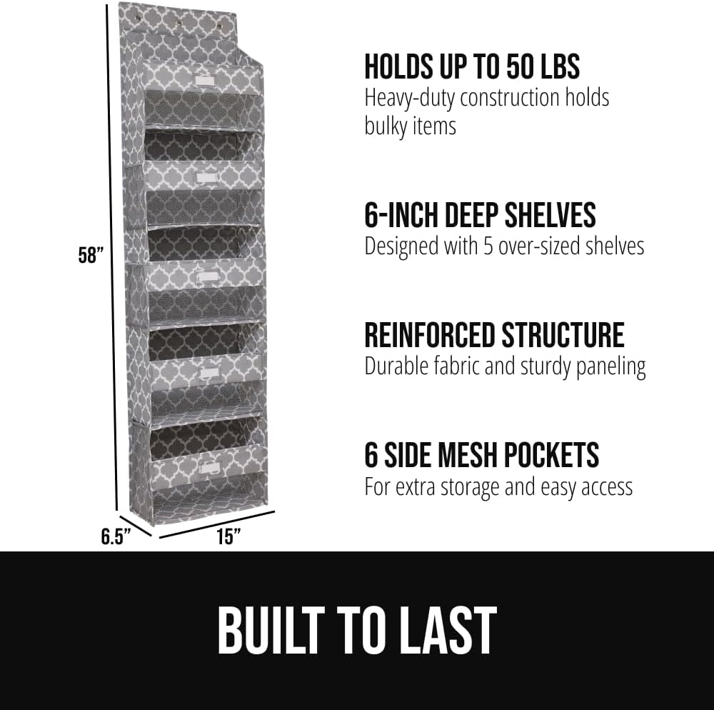 GORILLA GRIP Over The Door Organizer Storage, 5 Deep Hanging Shelves, Holds 50lbs, Closet Organizers Shelf for Bedroom, Shoes, Bathroom, Nursery, Dorm Essentials, 58x15 Inches, Quatrefoil