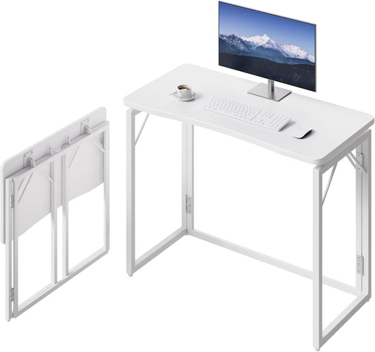 JOYMOOP White Folding Desk - 31.5", No Assembly Small Foldable Desk for Home, Office, Wooden Top Folding Computer Desk for Working, Writing, Studying