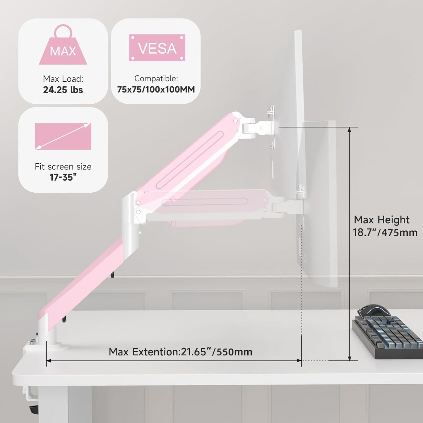 Suptek Monitor Mount Gas Spring Monitor Arm Desk Mount Fully Adjustable Fits 17 20 22 23 24 26 27 32 35 inch Monitors Weight Capacity up to 24.25 lbs, Pink
