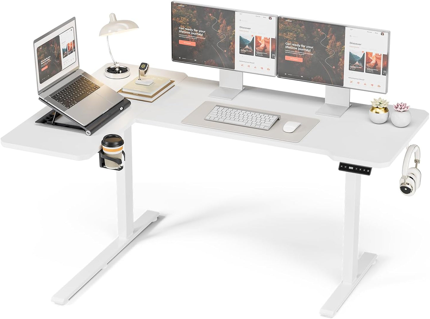 Acrolix L Shaped Electric Standing Desk - 59x40 Inch Reversible Corner Sit Stand Desk with Hook&Cup Holder,Electric Height Adjustable Table,for Home Office Gaming Computer Desk, White