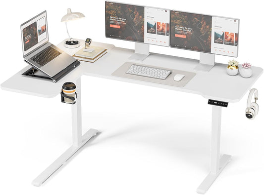 Acrolix L Shaped Electric Standing Desk - 59x40 Inch Reversible Corner Sit Stand Desk with Hook&Cup Holder,Electric Height Adjustable Table,for Home Office Gaming Computer Desk, White