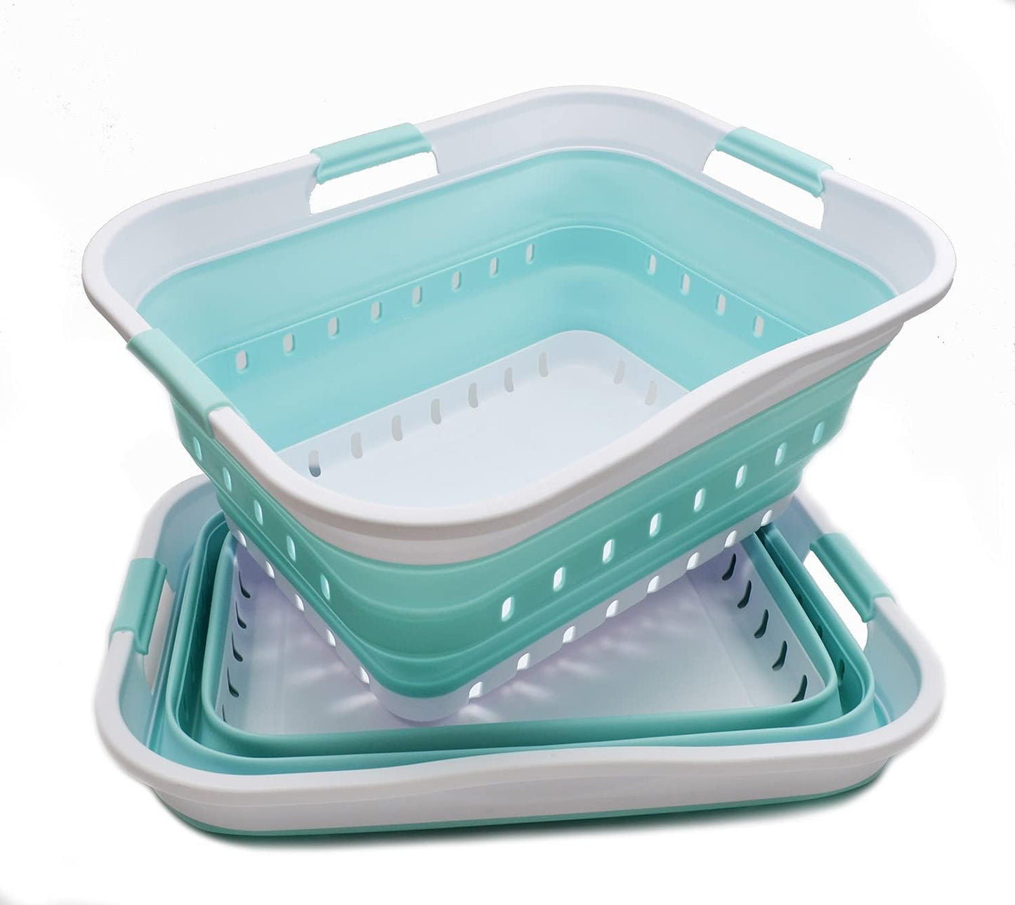 SAMMART 42L (11 gallon) Collapsible Plastic Laundry Basket - Foldable Pop Up Storage Container/Organizer - Portable Basket - Space Saving Hamper/Basket (2, White/Lake Green)