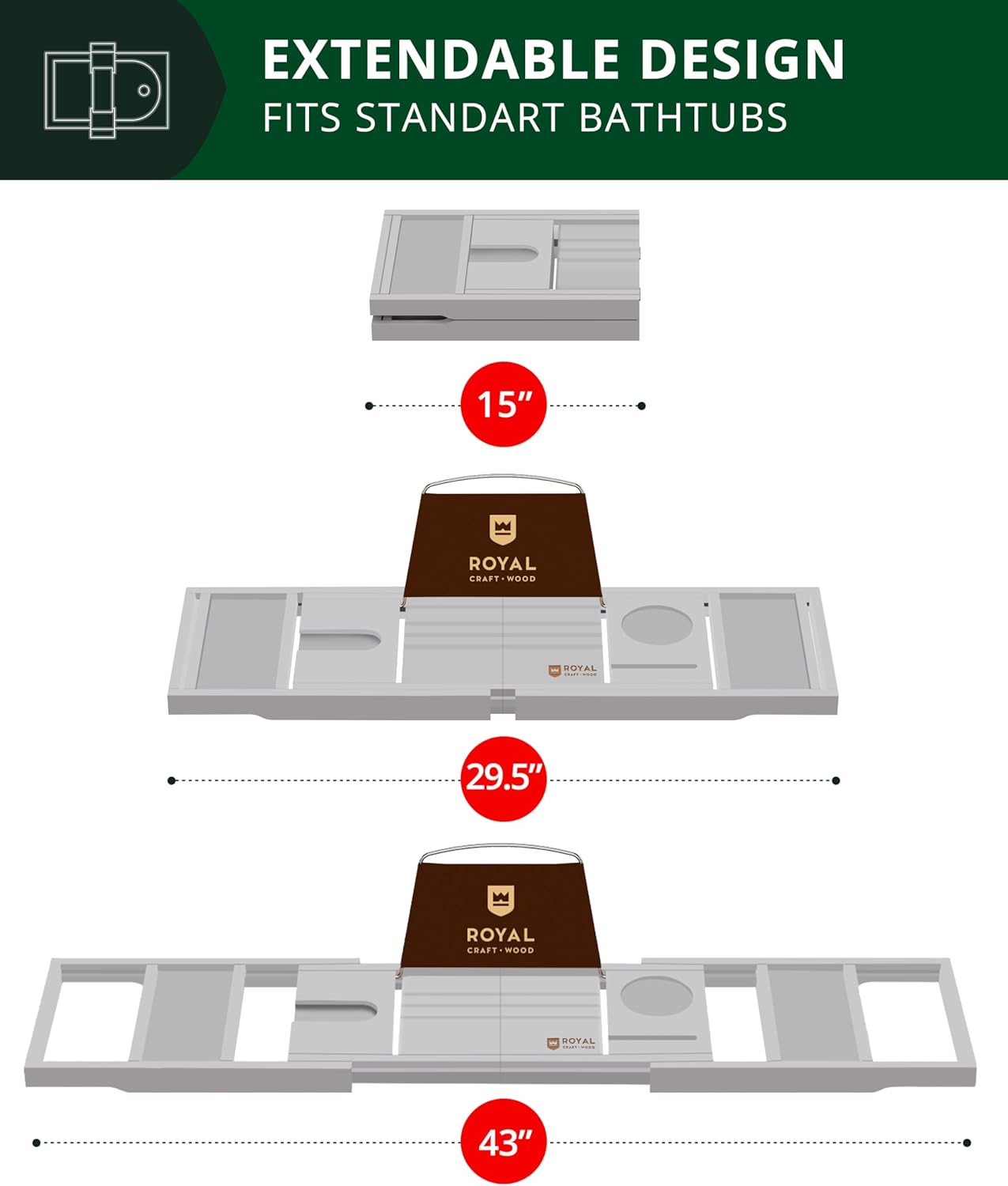 ROYAL CRAFT WOOD Premium Foldable Bathtub Tray Caddy - Wood Bath Tray for Tub, Bamboo Shelf, Expandable Bath Table Trays, Bathtub & Bathroom Accessories for New Home & Mothers, Birthday Gifts for Mom