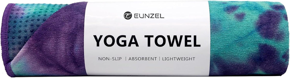 Eunzel Hot Yoga Towel - Microfiber Non Slip Yoga Mat Towel with Grip Dot Sweat Absorbent Towel for Hot Yoga, Pilates and Fitness 72" x 24", Green & Purple/Purple