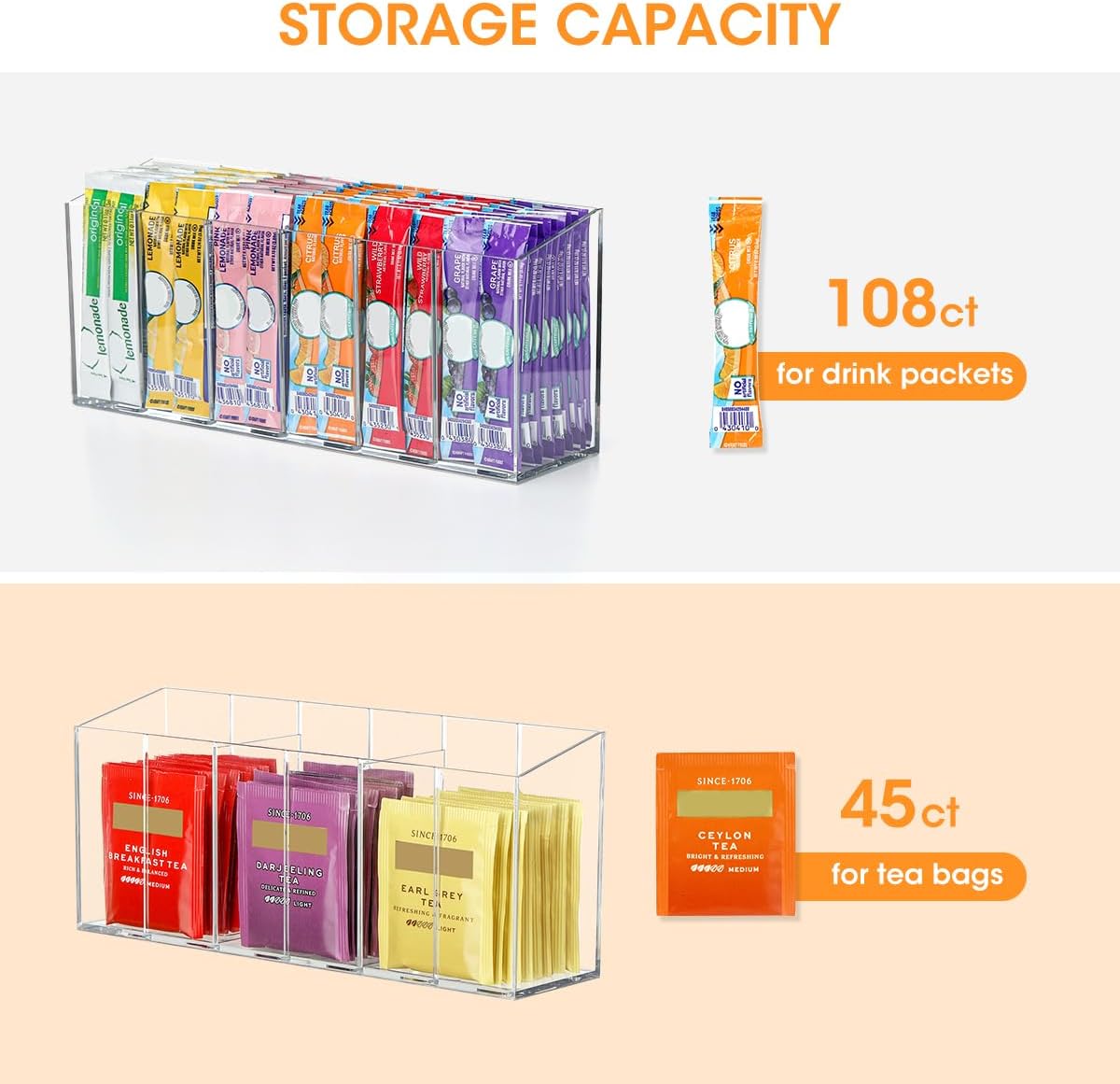 AIEVE Drink Packet Organizer, Water Drink Packet Holder with Removable Divider, Water Flavor Packet Organization Container for Kitchen Organizers and Storage (6 Compartments)