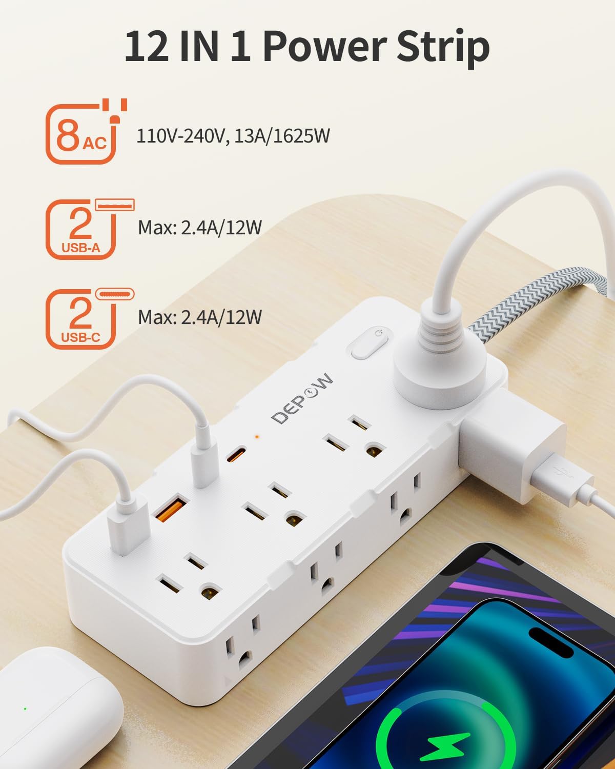 DEPOW Power Strip Surge Protector, 5FT Braided Extension Cord with Multiple Outlets-8 AC Outlets 4 USB Ports (2 USB C), Flag Plug Charging Station, 1700 Joule Surge Protection for Home Office, White