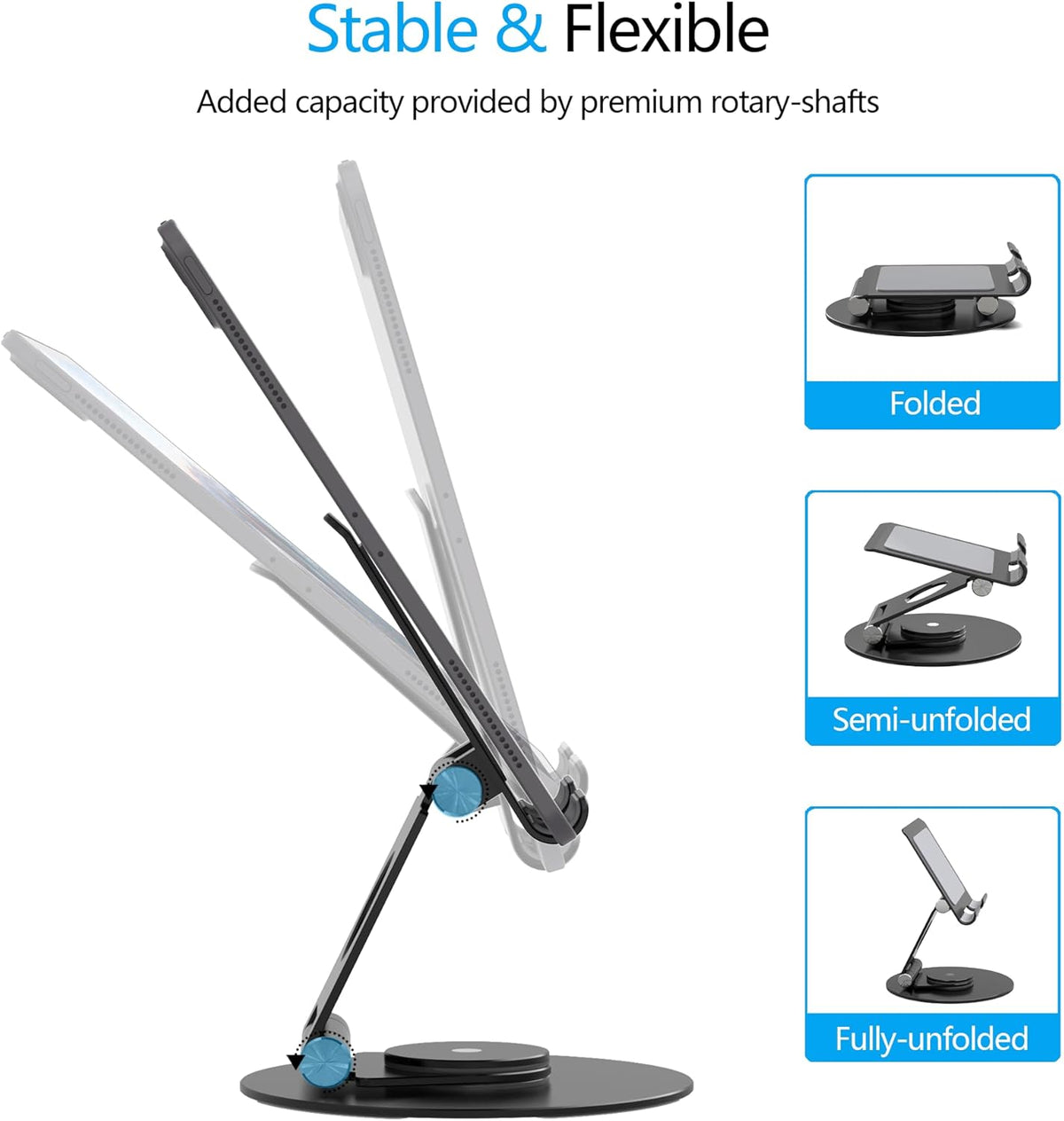 Swivel Tablet Stand, Aluminum Portable 360°Rotating Adjustable Tablet Holder for All 4-12.9’’ iPad Surface Samsung Phone Tablet Kindle E-Reader and More(Black)