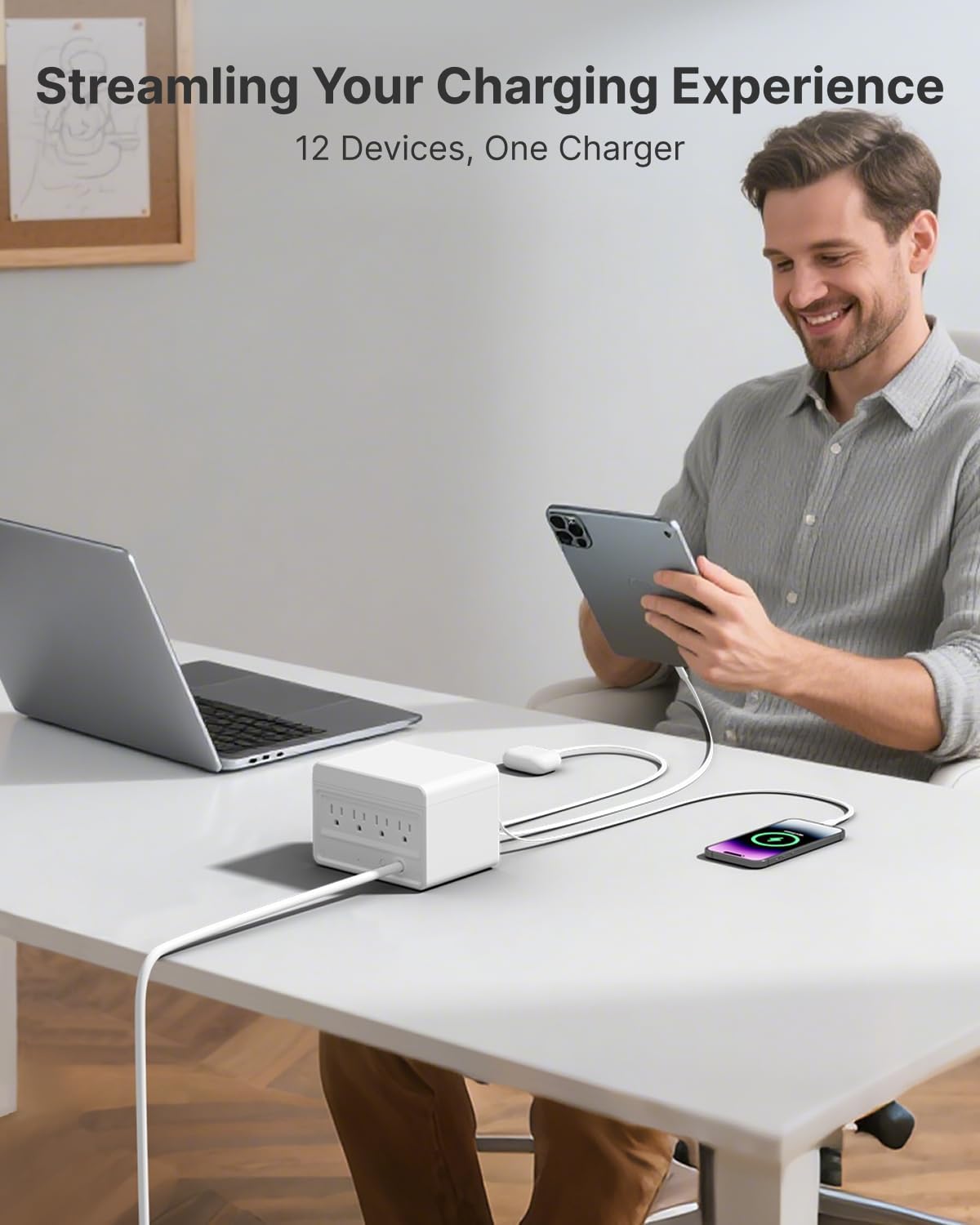 Gitryin 12-in-1 Desktop Charging Station with 3 Retractable Type-C Chargers and 1 Lightning Charger, 160W USB-C Charging Hub with 33.5in Cable, 4 AC, 1 USB A Port, 3 USB C Ports, White