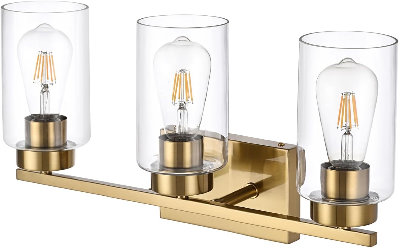 3-Light Bathroom Vanity Light, Modern Brushed Gold Wall Lights with Clear Glass Shades, Bathroom Wall Sconce Lamp for Mirror Living Room Bedroom Hallway