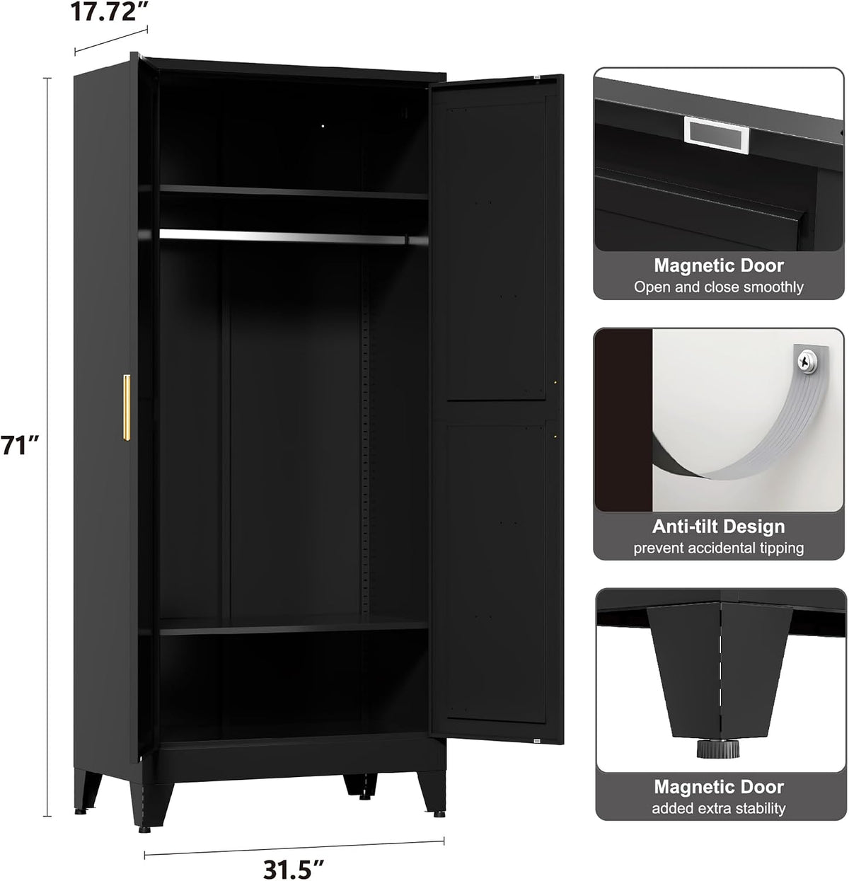 Washsemba 71'' Farmhouse Metal Wardrobe Cabinet with Hanging Rod, 2 Barn Door Wardrobe Closet with 2 Adjustable Shelves,for Dining Room,Bedroom,Living Room, Cloak Room,Office (Black)