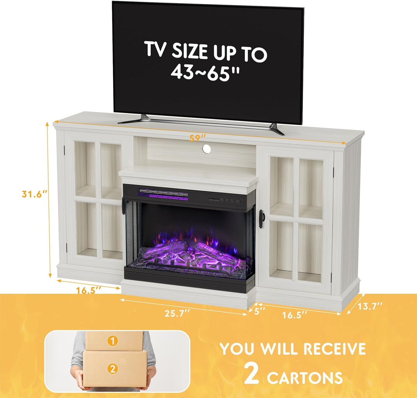 JUMMICO Fireplace TV Stand up to 65", 3-Sided Glass, Distressed White | Entertainment Center with Cabinet Storage, Adjustable Flame and LED Colors, Media Console for Living Room