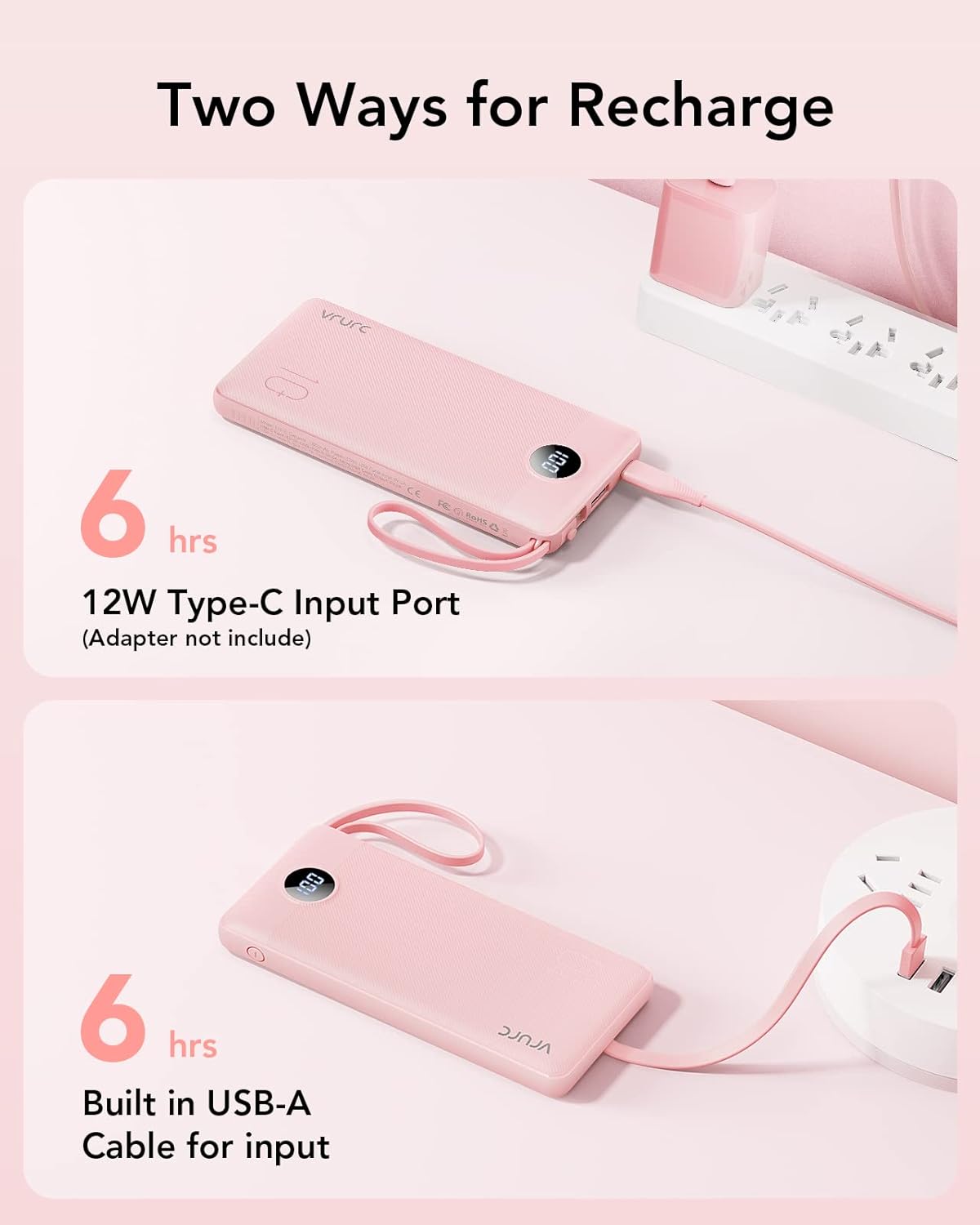 VRURC Portable Charger Power Bank, Built-in 4 Cables & 2 Ports,10000mAh Slim Battery Pack with LED Display, Travel Essential USB C Portable Phone Charger for All Cell Phones Devices-Pink(1 Pack)