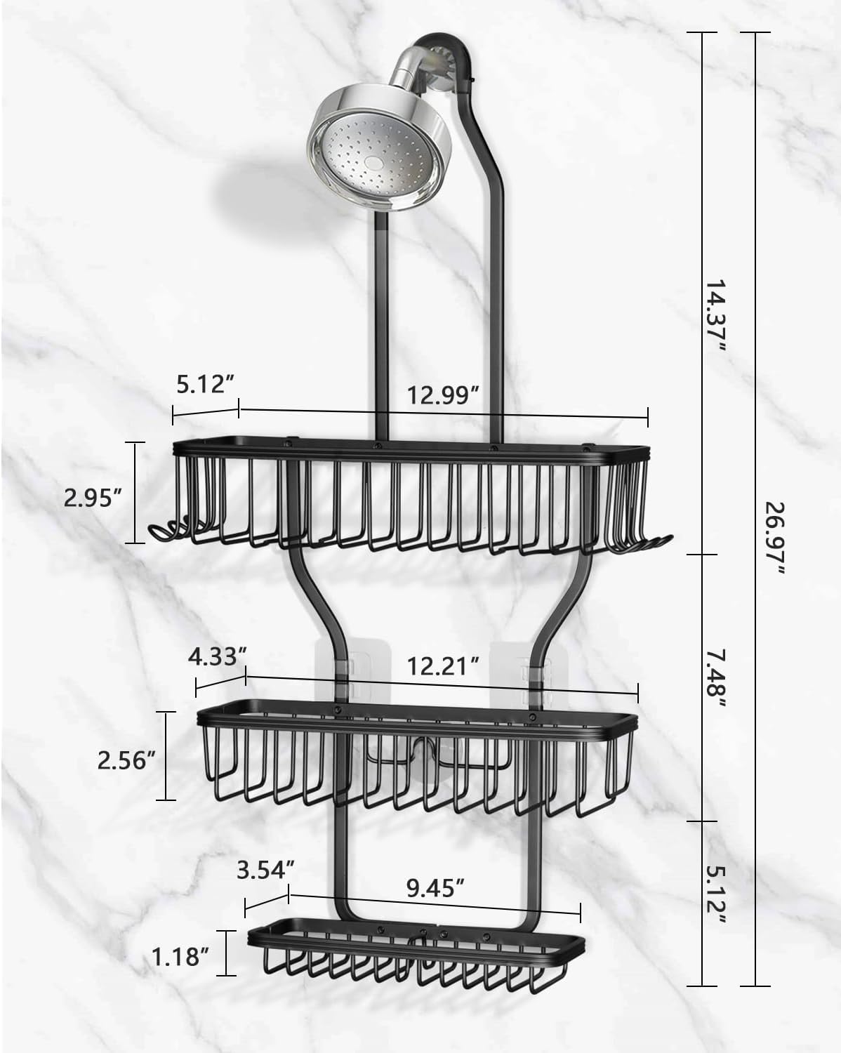 Shower Caddy Hanging - Never Rust Shower Hanging Organizer - Aluminum Over the ShowerHead Caddy with Soap Basket and 6 Hooks for Razor/Sponge (Black)