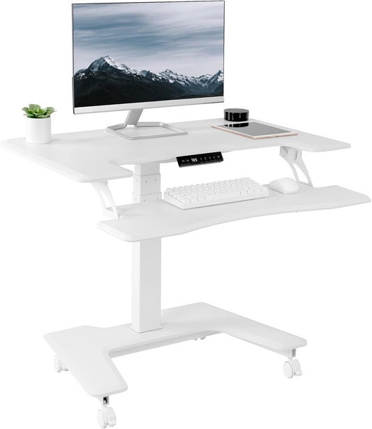 VIVO White Electric Mobile Height Adjustable 36 inch Dual Platform Standing Desk with Wheels, Rolling Small Space Table, Sit Stand Workstation, DESK-V111VTW