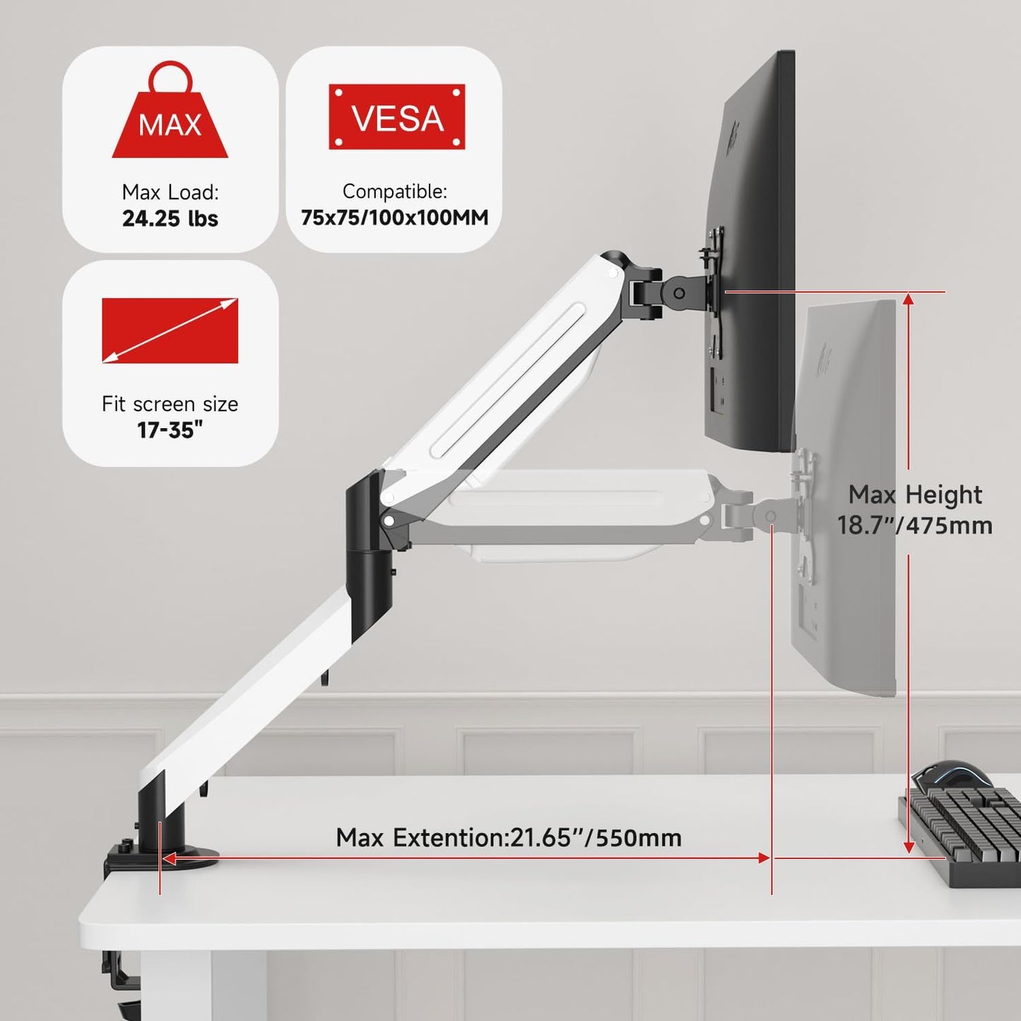 Suptek Monitor Mount Gas Spring Monitor Arm Desk Mount Fully Adjustable Fits 17 20 22 23 24 26 27 32 35 inch Monitors Weight Capacity up to 24.25 lbs (Black+White, 17"-35")