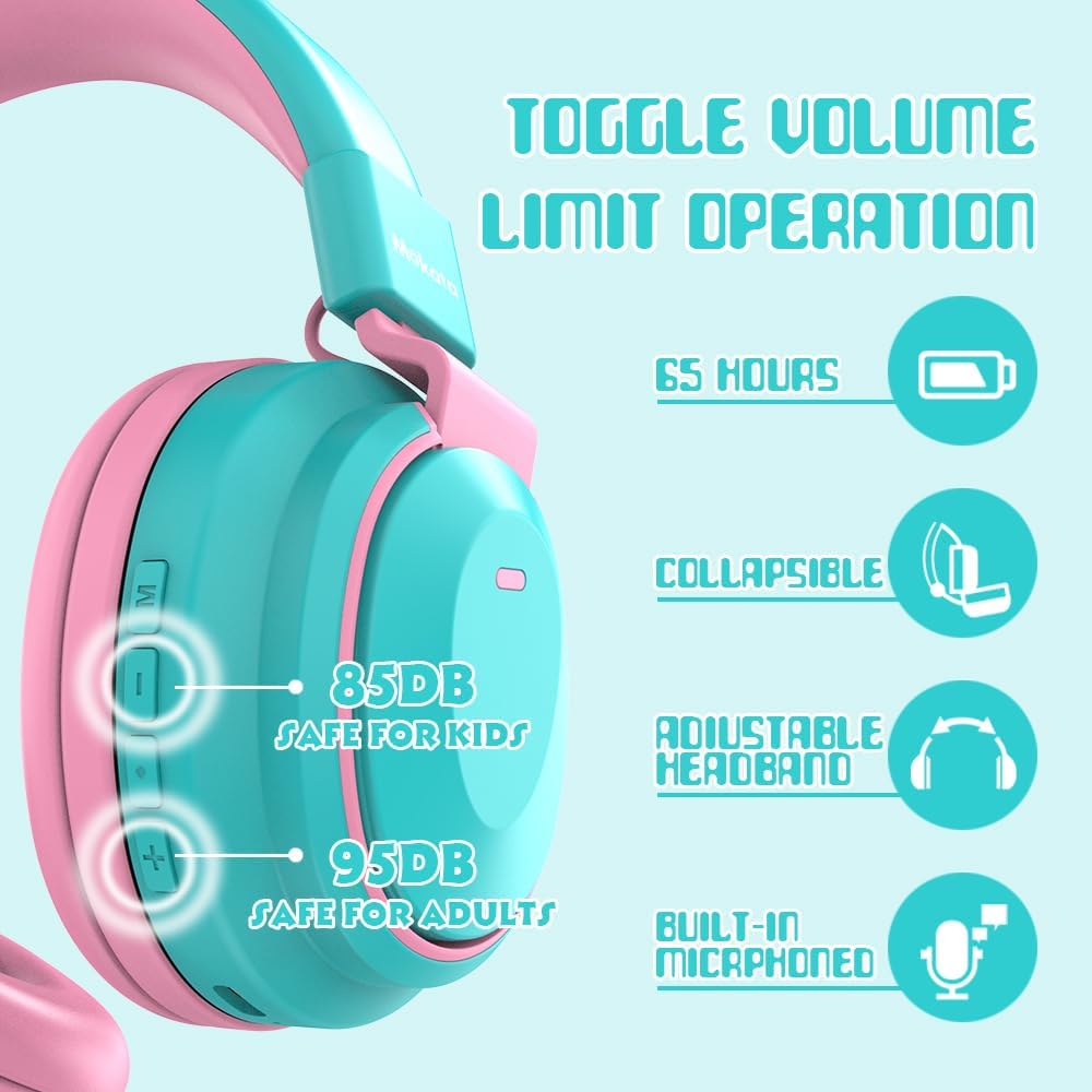 Mokata Kids Headphones Bluetooth 5.3 Wireless Lightweight Fast Charging 68 Hours Play Time Volume Limited 85/94dB Over Ear Foldable with Built-in Mic for Toddler Boy Girl Tablet Pad Cyan