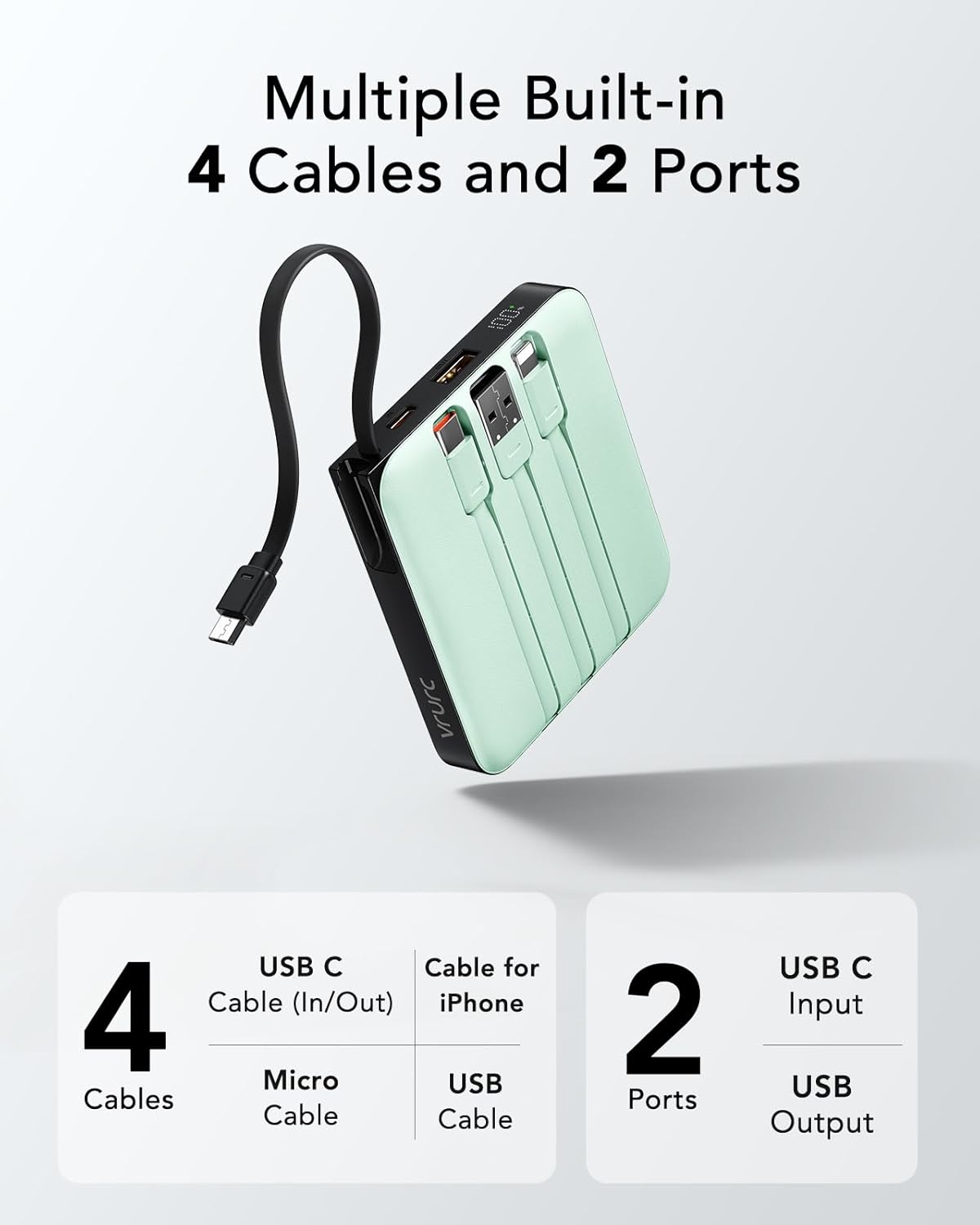VRURC Portable Charger with Built-in Cable, 10000mAh 22.5W Fast Charging USB C Battery Pack, Cell Phone Power Bank for iPhone 17 16 15 Series Android Tablet (Green)