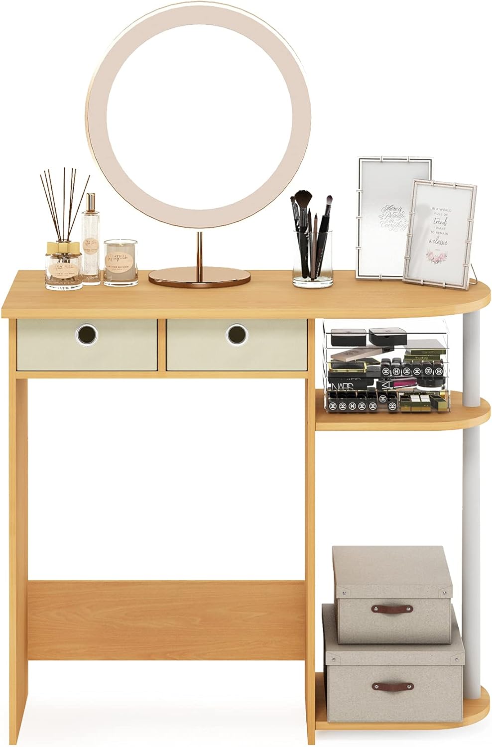 Furinno Go Green Desk, 31.5" Wide Gaming Desk with 2 Side Shelves and Storage Bins, Computer Desk, Office Desk for Home Office, Study Room, Dorm, Bedroom, Beech