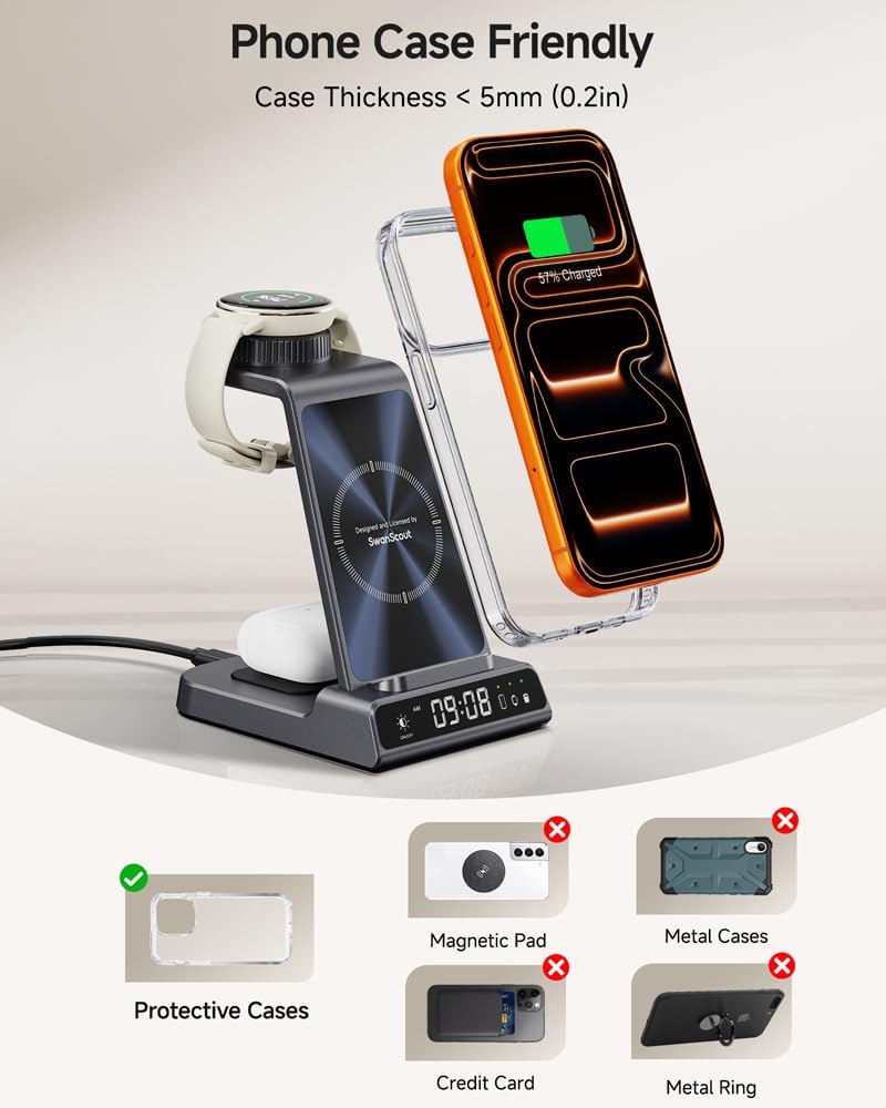 Charger for Garmin Watch and iPhone, 3 in 1 Wireless Charging Station for Fenix, Venu, Forerunner, vivoactive, Instinct, Charger Stand for Samsung Phone, for AirPods, for Galaxy Buds3 (No Adapter)