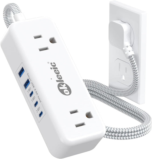 Power Strip with USB C, Small Extension Cord with 4 Outlets & 2 USB-A and 3 USB-C Ports 4.8A/24W Charging Station, 3 Ft 2 Sides Outlet Extender Non Surge Protector for Cruise Ship Travel Office Dorm