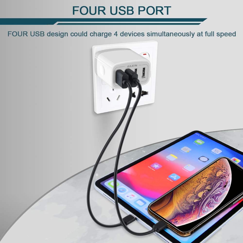 USB Charger Adapter, 2-Pack AILKIN 4.8A 4-Muti Port Phone Wall Plug Fast Charging Block Box for iPhone 17 16 15 14 13 12 Pro Max 11 SE 10 XR XS, Samsung Galaxy, Moto, LG, Pixel, Power Cube Base Brick