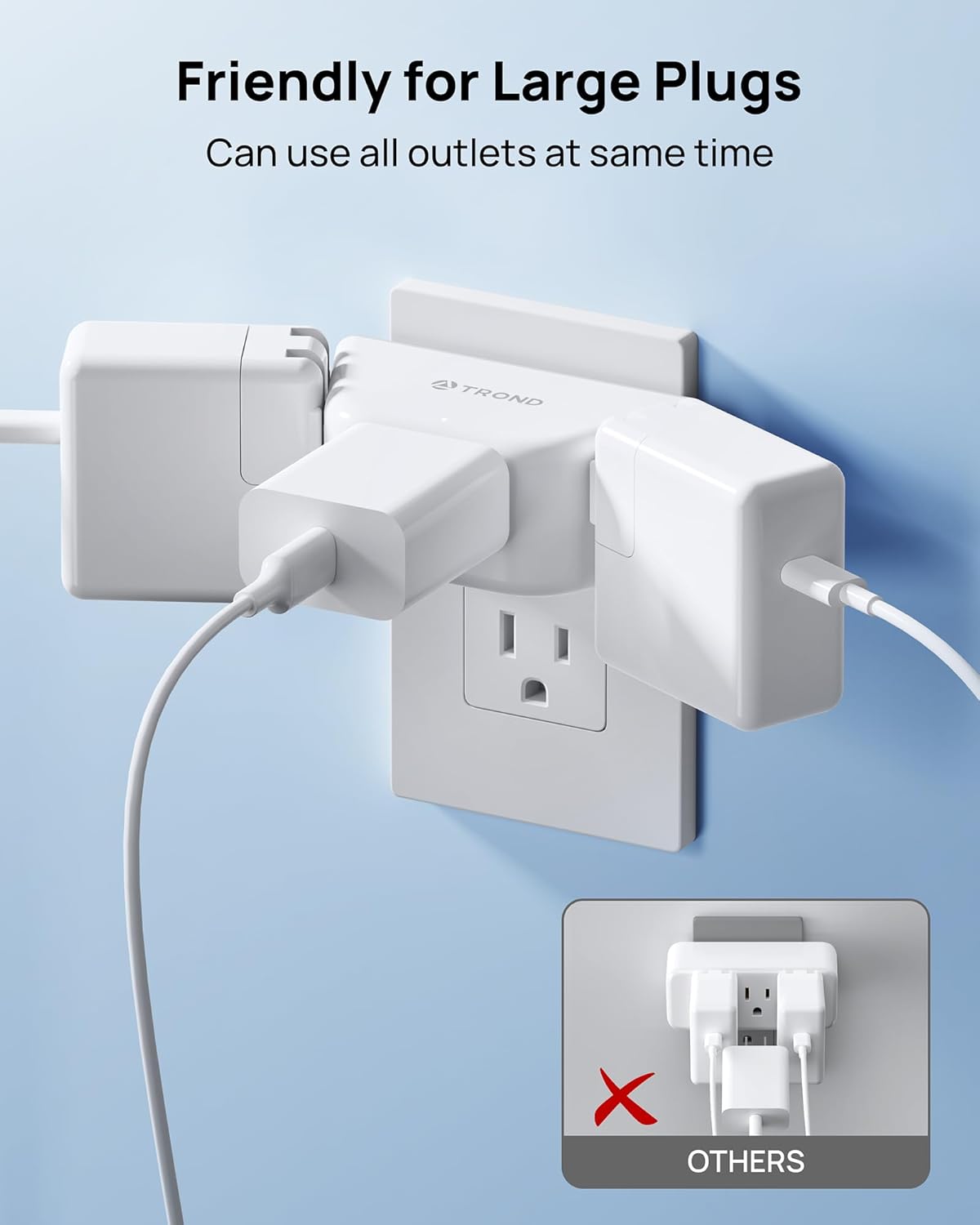 TROND Multi Plug Outlet Extender 2 Pack - Electrical Wall Splitter, 3 Way Angled Wall Outlet Adapter, Cruise Essentials, ETL Listed, Small Multiple Plug Expander for Bathroom Kitchen Office, White