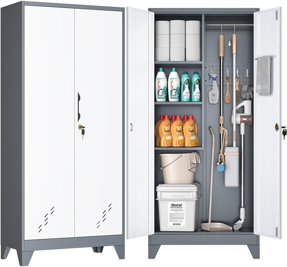 OSEILLC Metal Storage Cabinet with Locking Doors, 61" Tall Garage with Hanging Rod, Broom Closet, Freestanding Bathroom Storage Cabinet, Cleaning Tool,Utility Cabinets for Storage Locker,Black