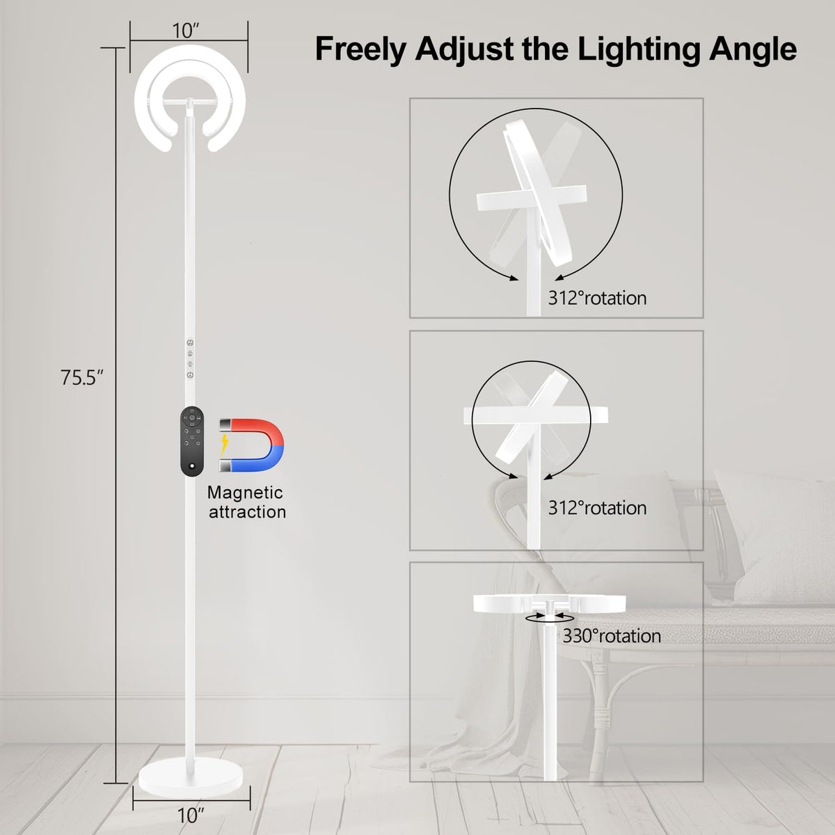 EPABINA Torchiere Floor Lamp for Bedroom, 75.5 Inch Tall Corner Standing Lamp for Living Room with Rotatable Ring Lights, 36W Bright Dimmable LED Floor Light with Remote Control for Reading Office
