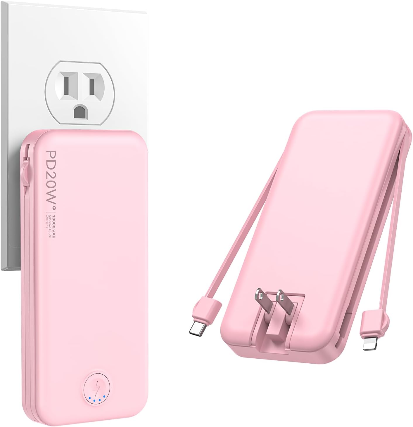 Nusyddy Portable Charger, 10000mAh PD20W Fast Charging Power Bank with Built-in Cables & Wall Plug, Travel Essentials External Battery Pack, USB C Battery Phone Charger for iPhone, iPad, Samsung Pink