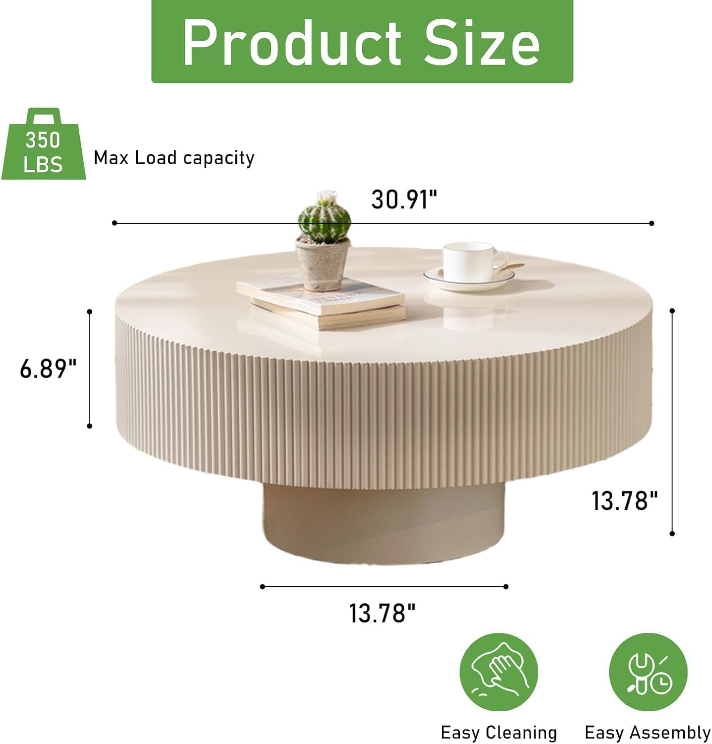 30.91'' Round Coffee Table (White Thickened) | Modern Handcraft Drum Coffee Table, Unique Fluted, Wood Center Table, For Living Room, Small Space, Farmhouse, Apartment