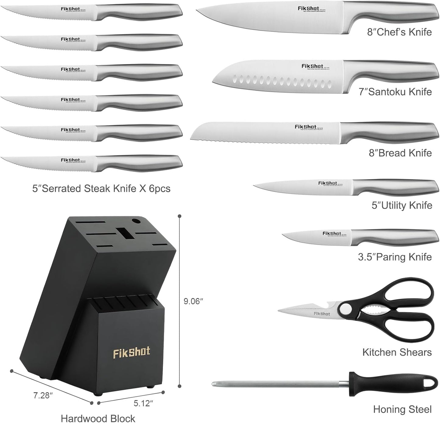 FIKSHOT Kitchen Knife Set, German Stainless Steel kitchen knives – Includes Knife Block Set & Sharpener, High Carbon, Rust-Resistant, Ergonomic Handle for Cooking, Grilling & Gifting