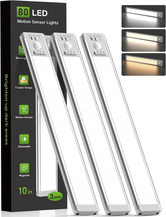 MCGOR 3 Pack 10inch Under Cabinet Lighting, Rechargeable Motion Sensor Light Indoor with 3 Color Temps, Dimmable Magnetic Led Closet Lights, Wireless Under Counter Lights for Kitchen, Stairs
