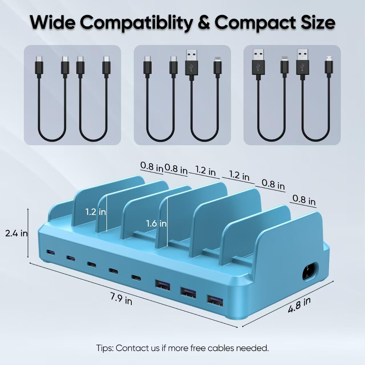 300W Charging Station for Multiple Devices, 8 Port Multi USB C Fast Charger Station Dock for MacBook iPhone 16/15/14/13/12 Samsung Pixel Series iPad, Blue (6 Mixed Short Cables Included)