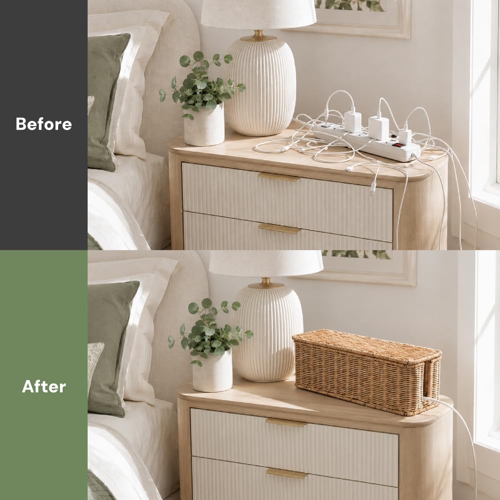 Cable Management Box, Handmade Rattan Cord Organizer for Power Strip | Open Slots Cord Hider for Power Strip, Router & USB Hub, Registered U.S. Design Patent