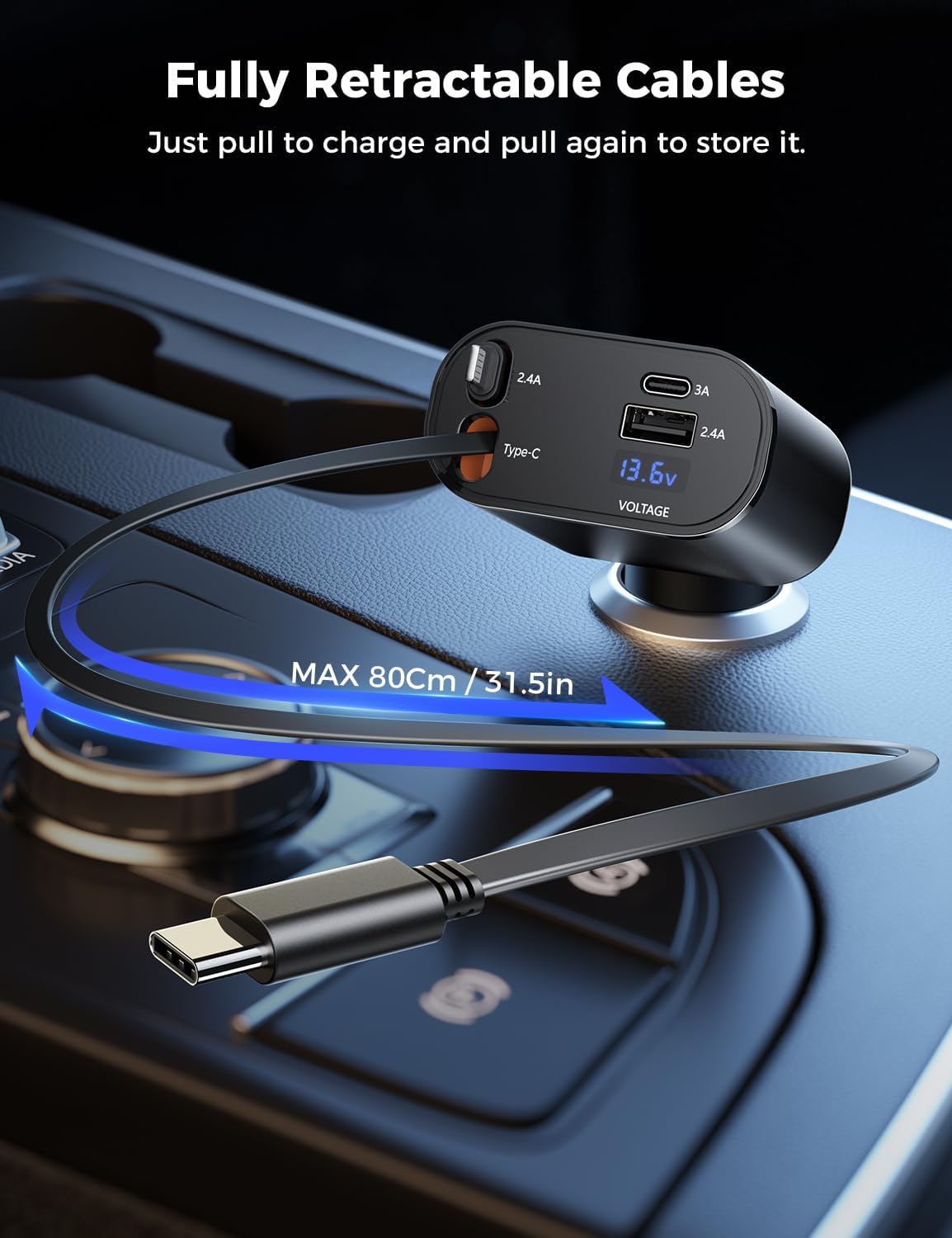 SUPERONE Retractable Car Charger for iPhone with Dual Type C Cables, 4 in 1 USB C Car Charger Adapter with 69W Fast Charging Compatible with iPhone 17 16 15 14 13 12 11 Pro/XS/XR/SE/iPad/Airpods