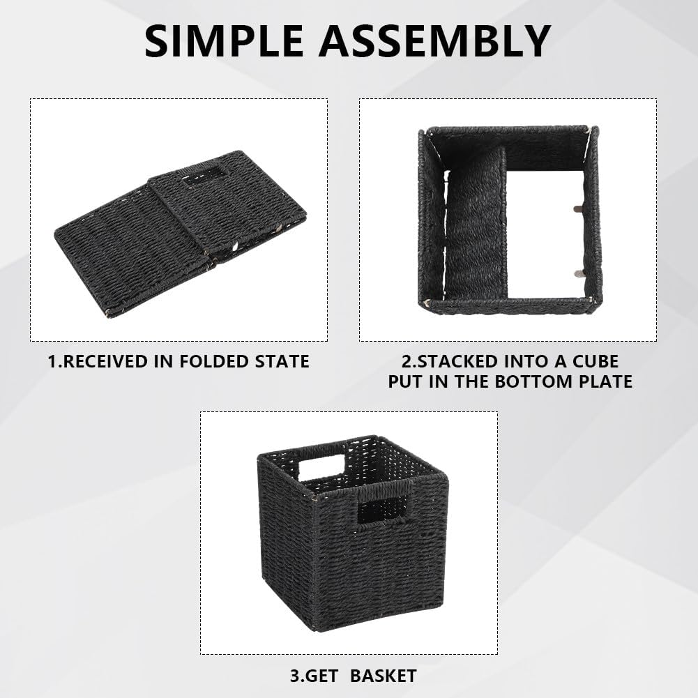 6 Pack 8.7 Inch Wicker Baskets | Hand Paper Rope Storage Baskets，Foldable Cube Storage Bins Organizer Square Wicker Cubes for Shelves (Black)
