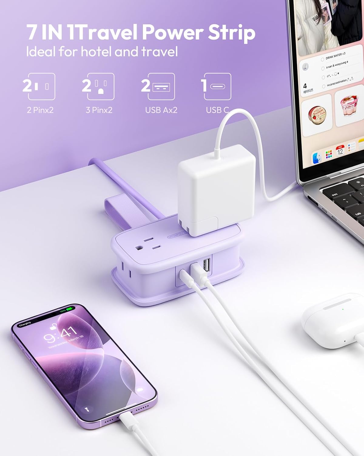 NTONPOWER Purple Travel Power Strip,Travel Essentials 4 Outlets 3 USB(1 C) with 4FT Wrapped Extension Cord Flat Plug, Cruise Essentials 2026 for Hotel Travel Cruise Essentials