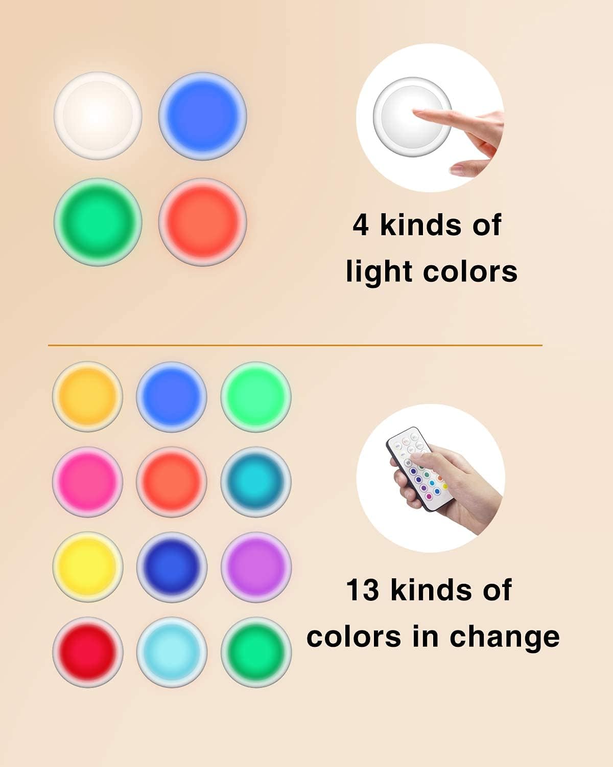 Puck Lights with Remote Control Battery Operated LED Push Lights Wireless, 13 Color RGB - for Closet, Bedroom Wall, Under Cabinet, Battery Powered ambient lighting. Convenient 3M Stick On, Black 6Pcs