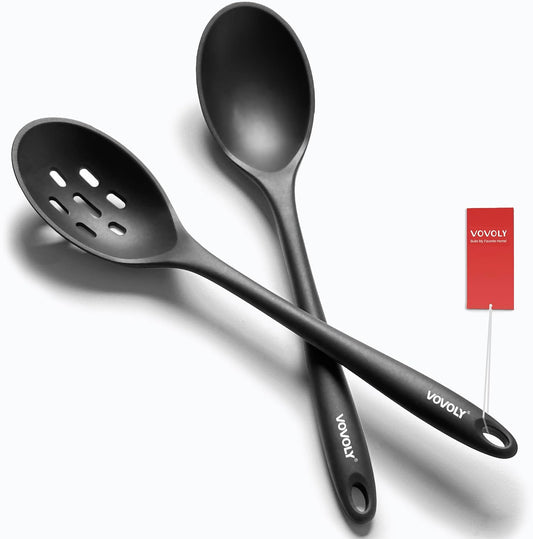 Vovoly Silicone Spoons for Cooking - Extra Large Solid & Slotted Set, Black