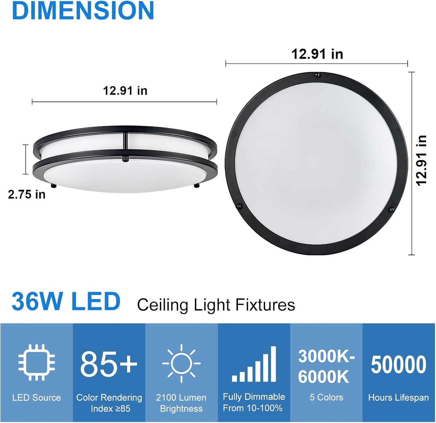 DLLT Flush Mount LED Ceiling Light: 13 Inch 5CCT (3000K-6000K) & Dimmable Ceiling Light Fixtures for Bedroom Hallway - 24W Modern Black Super Bright Kitchen Lighting Fixtures Ceiling