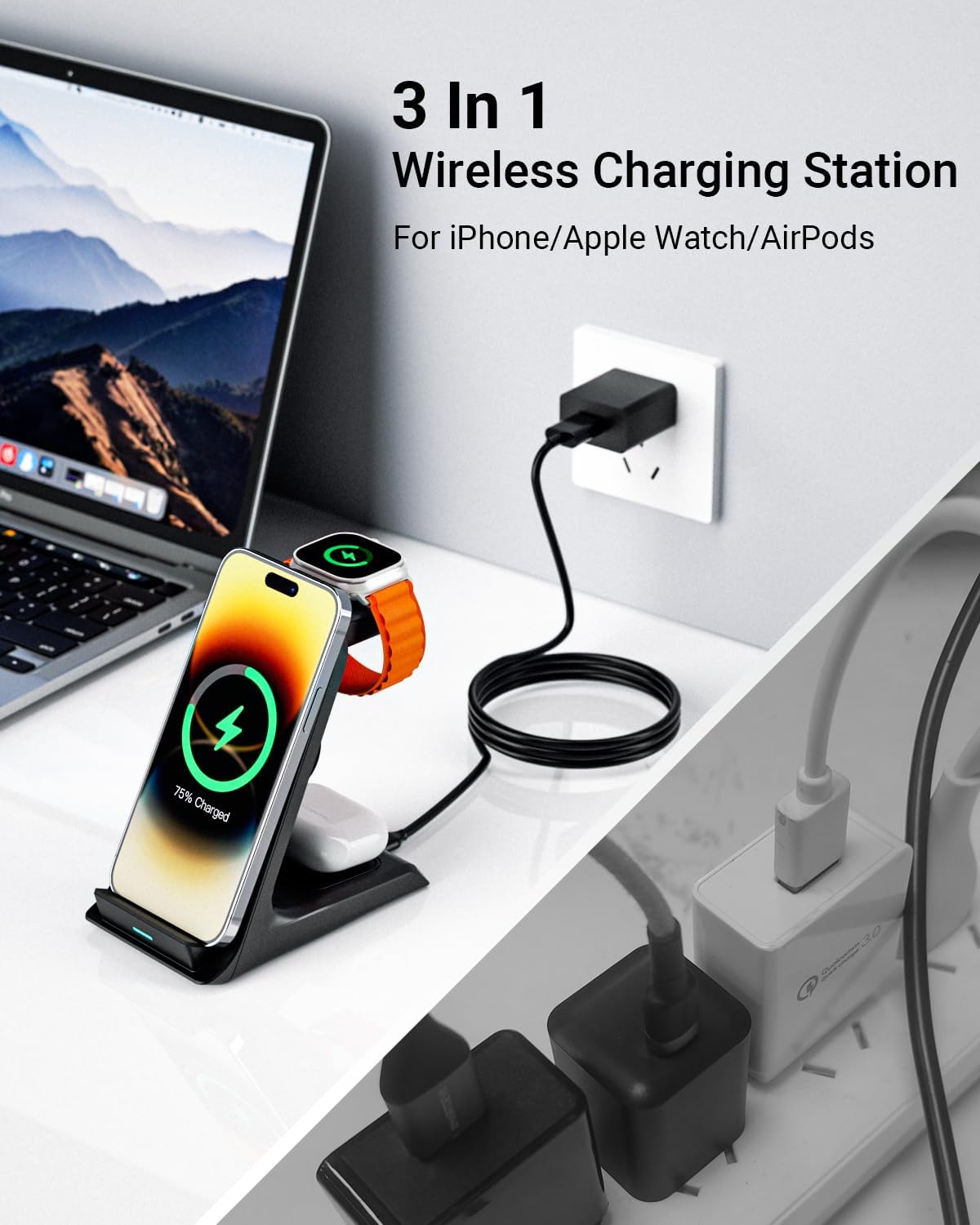 Eazpower Wireless Charger for Thick Cases of 10MM/Otterbox/Heavy Duty, 3 in 1 Charging Dock for iPhone 17 16 15 14 Pro Max, Phone Stand Charging Station for Multiple Devices for Apple Watch/AirPods