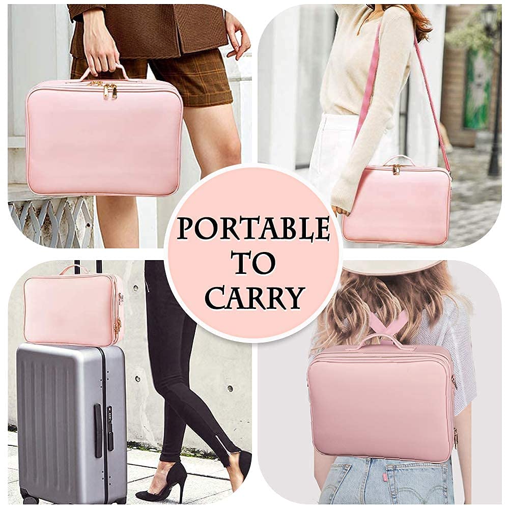 gzcz Large Capacity Travel Makeup Case Organizer,Professional Cosmetic Bags for Women,Waterproof PU Leather Makeup Bag with Adjustable Dividers and Shoulder Strap for Brushes and Jewelry