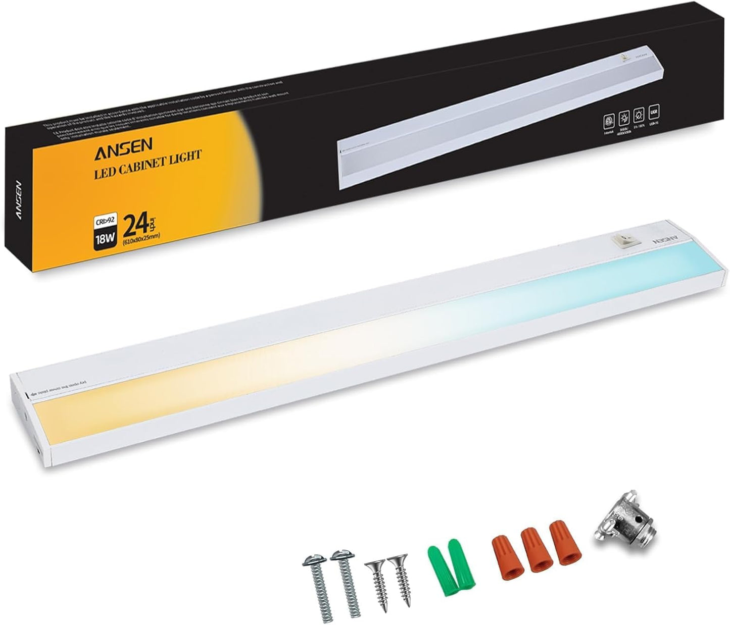 Ansen Hardwired Under Cabinet Lighting, 24in 18W LED Light for Kitchen/Closet, 1237lm, CRI>92, R9>90, 5 Color Temperature, Dimmable, 2700K-5000K(Warm White, Cool White, Daylight)