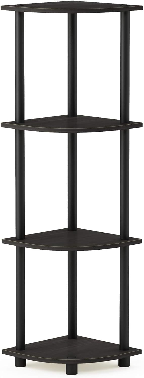 Furinno TURN-N-TUBE Corner Shelf, 4-Tier Corner Bookshelf, Display Storage Shelves with Open Shelves, for Organization and Storage, Living Room, Home Office, Garage, Espresso