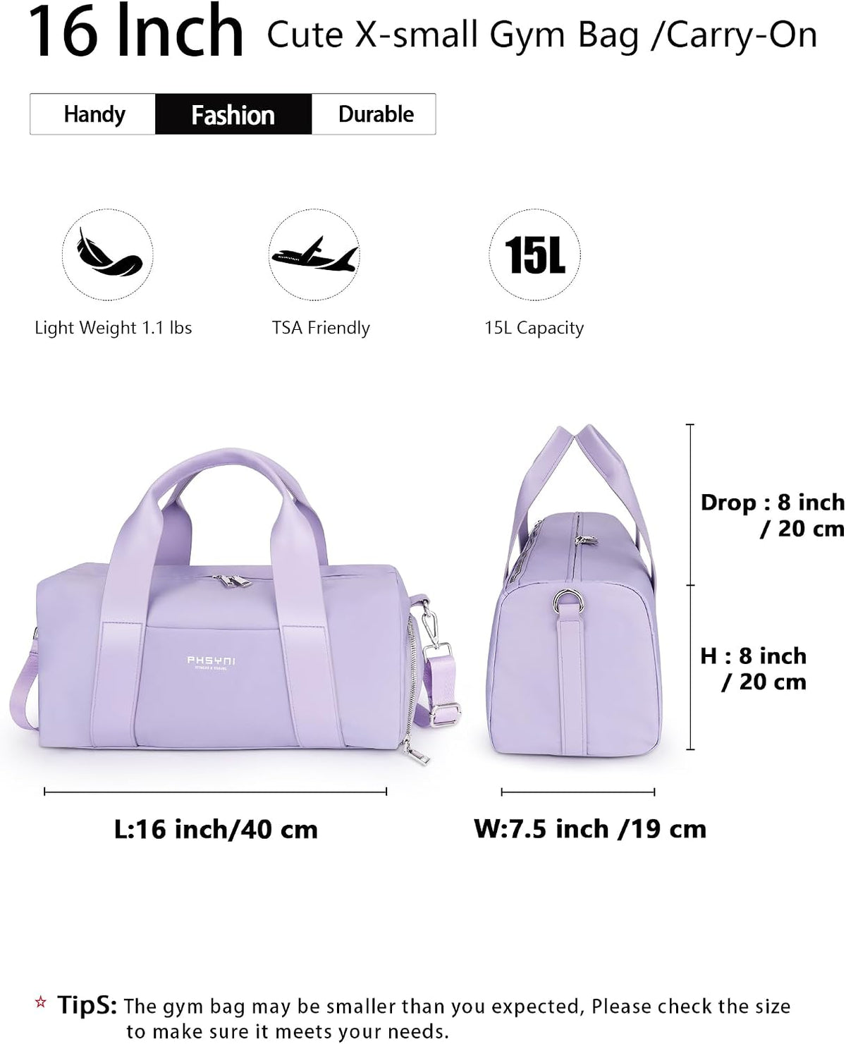 16" Gym Bag for Women,with Shoes Compartment and Waterproof Pocket(Purple)